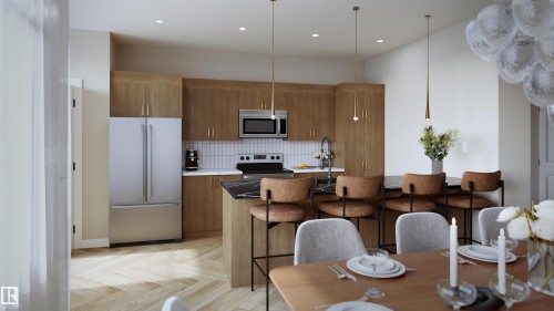 Contemporary kitchen and dining area featuring stainless steel appliances, light wood-finish cabinetry, dark countertops, and a white subway tile backsplash - 56 Cessy Street, St. Albert, AB - Indoor