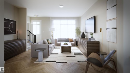 Open-concept living area featuring herringbone wood-finish flooring, a large window, recessed lighting, a built-in wall-mounted television, and a staircase with dark railings - 56 Cessy Street, St. Albert, AB - Indoor