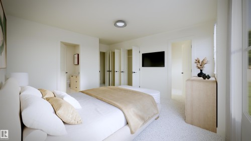 Spacious bedroom featuring light-colored carpeting, multiple doorways, and a flush-mount ceiling light - 56 Cessy Street, St. Albert, AB - Indoor Photo Showing Bedroom
