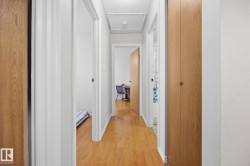 Hardwood-style flooring throughout a well-lit hallway - 