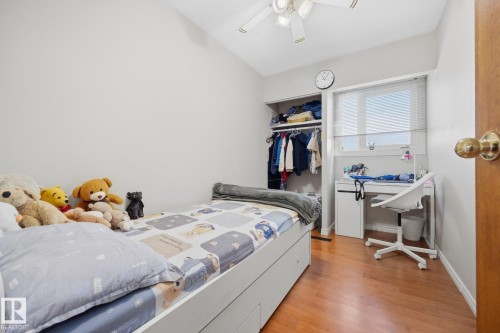 Wood-finish flooring with a ceiling fan light fixture and an open closet with built-in shelving - #2 14120 80 St Nw, Edmonton, AB 