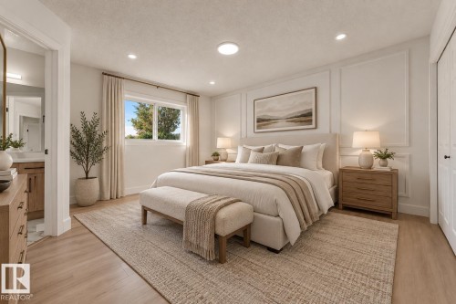 Wood-finish flooring, recessed lighting, and a window with exterior views - 3320 43 Street Nw, Edmonton, AB 