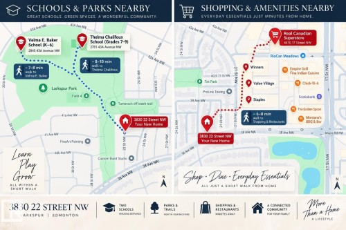 Promotional Flyer. Displaying proximity of the property to educational institutions, recreational areas, and commercial establishments - 3830 22 Street Nw, Edmonton, AB 