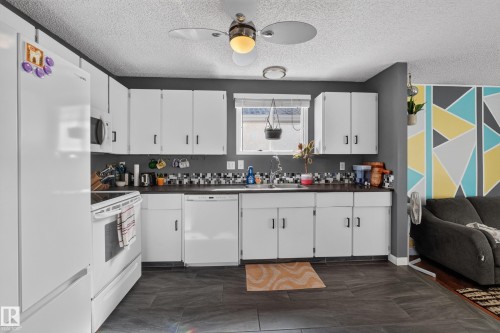 White cabinetry with black hardware, dark countertops, and a mosaic tile backsplash - 333 Kirkpatrick Crescent Nw, Edmonton, AB 
