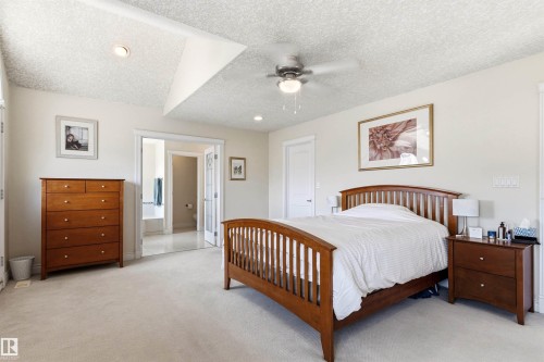 Spacious room featuring neutral carpeting, a ceiling fan with integrated lighting, and a vaulted ceiling detail - 703 107A Street Sw, Edmonton, AB 