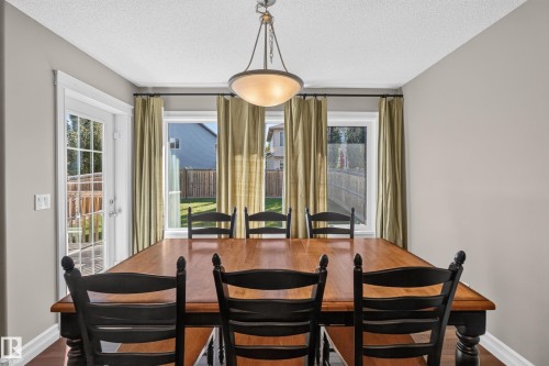 Hardwood-style flooring, French-style patio door, multiple windows, and a ceiling-mounted light fixture - 1850 Rutherford Road Sw, Edmonton, AB 