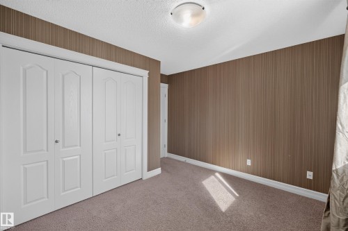 Textured brown wall covering, neutral tone carpeting, white trim, and a flush mount ceiling light fixture - 1850 Rutherford Road Sw, Edmonton, AB 