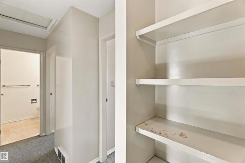 Built-in shelving, plush carpet flooring, and white painted walls - 17351 85 Avenue Nw, Edmonton, AB 