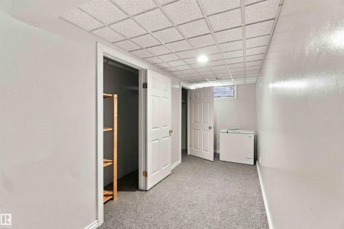 Recessed ceiling lighting, drop ceiling, window, built-in shelving, carpet flooring - 17351 85 Avenue Nw, Edmonton, AB 