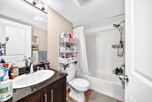 Wood-finish flooring with a vanity featuring a white oval basin and chrome faucet - #306 5370 Chappelle Rd Sw, Edmonton, AB 