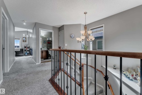 Carpeted hallway with a chandelier, open staircase featuring wrought iron balusters, and a built-in vanity with wood-finish cabinetry - 3230 21A Avenue Nw, Edmonton, AB 