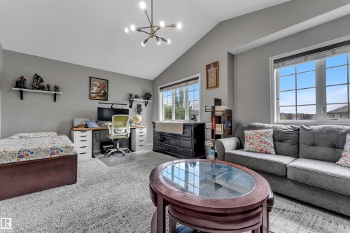 Vaulted ceiling, contemporary chandelier, multiple windows, built-in shelving, and carpeted flooring - 3230 21A Avenue Nw, Edmonton, AB 