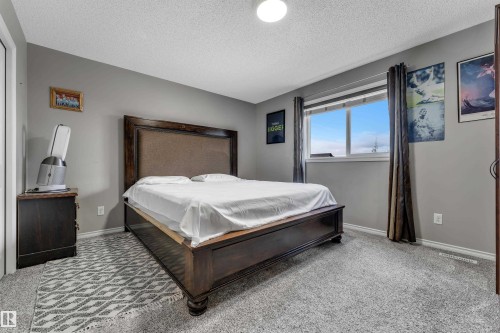 Carpeted flooring, neutral wall color, window with blinds, and a flush mount ceiling light - 3230 21A Avenue Nw, Edmonton, AB 