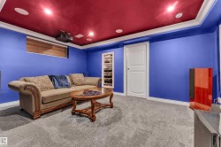 Recessed lighting, crown molding, built-in shelving, white paneled door, and plush gray carpeting - 