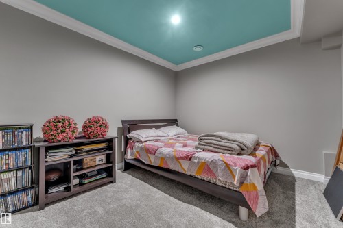 Recessed ceiling with an accent color, crown molding, gray wall paint, light gray carpet flooring, and white trim - 3230 21A Avenue Nw, Edmonton, AB 