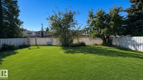 Expansive backyard featuring a manicured lawn, mature trees, and a white picket fence - 3508 106A Street Nw, Edmonton, AB 