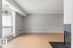 Wood-finish flooring, light grey wall paint, and a fireplace with grey stacked stone surround - 