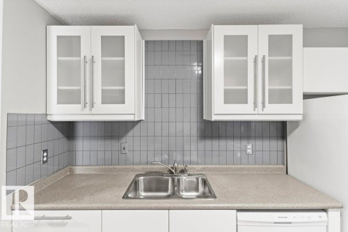 White upper cabinetry with frosted glass inserts - #4 14620 26 St Nw, Edmonton, AB 