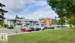 Surface parking lot with painted space lines, surrounded by manicured green space and mature trees - 