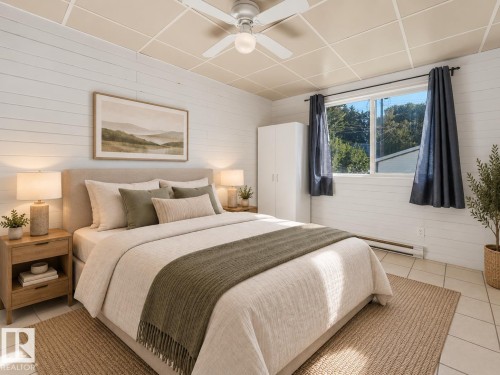 White horizontal paneling, grid ceiling, ceiling fan with integrated lighting, window with exterior scenery, and tile flooring - 11841 71 Street Nw, Edmonton, AB 