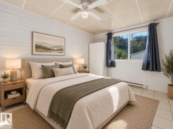 White horizontal paneling, grid ceiling, ceiling fan with integrated lighting, window with exterior scenery, and tile flooring - 
