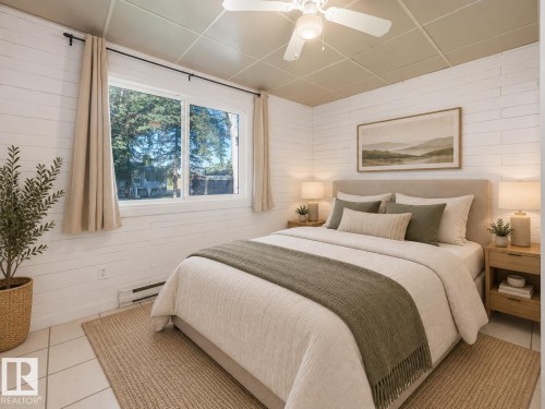 Wall-to-wall shiplap paneling, white ceramic tile flooring, and a window with black rod and neutral drapes - 11841 71 Street Nw, Edmonton, AB 