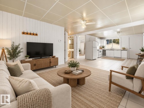 Open-concept living area with white paneled walls, white tile flooring, and a kitchen featuring white appliances - 11841 71 Street Nw, Edmonton, AB 