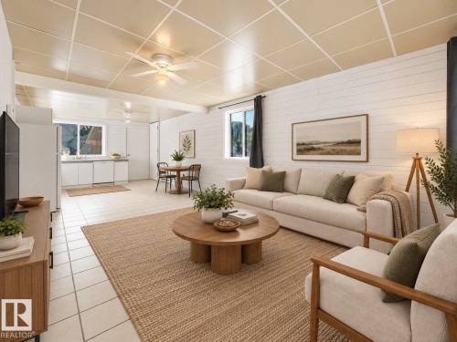 Open-concept living area with tile flooring, white shiplap walls, and a ceiling fan - 11841 71 Street Nw, Edmonton, AB 