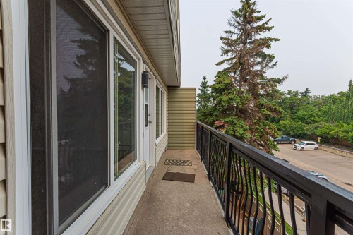 Balcony featuring black metal railings, concrete flooring, exterior wall siding, and multiple windows - Edmonton, AB - Outdoor With Exterior