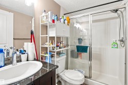 Vanity with an oval undermount sink, mosaic tile backsplash, and dark granite-style countertop - 