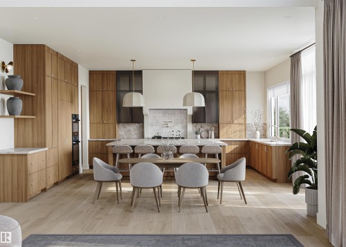 Open-concept kitchen featuring light wood-finish flooring, extensive wood cabinetry, a large kitchen island with seating, integrated appliances, and a marble backsplash with matching countertops - 4117 Ginsberg Place Nw, Edmonton, AB - Indoor Photo Showing Other Room