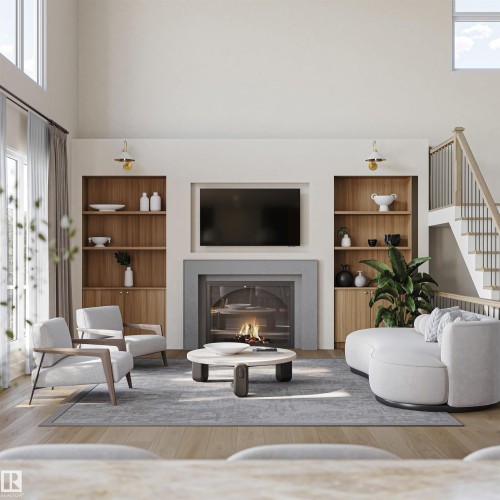 Spacious living area featuring a stone fireplace with a television niche, built-in wood shelving, high ceilings, and wood-finish flooring - 4117 Ginsberg Place Nw, Edmonton, AB - Indoor Photo Showing Living Room With Fireplace