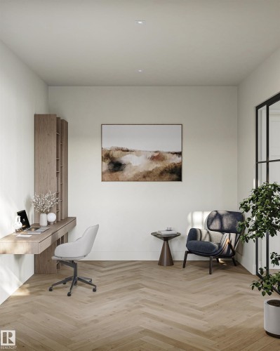 Herringbone wood-finish flooring complements a built-in desk with integrated shelving - 4117 Ginsberg Place Nw, Edmonton, AB - Indoor