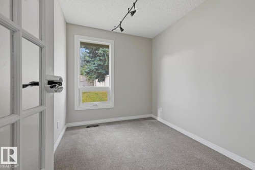 Gray carpeted flooring, track lighting, and a single window with white trim - 10621 Beaumaris Road Nw, Edmonton, AB 