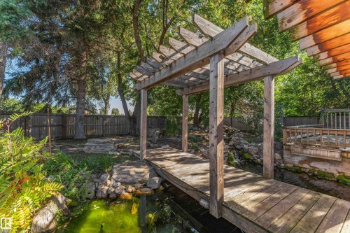 Wooden pergola spanning over a water feature, bordered by natural rock landscaping and lush foliage - 11208 163A Avenue Nw, Edmonton, AB 