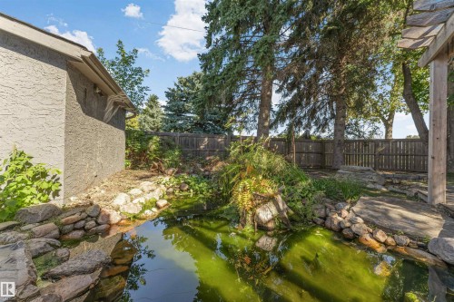 Water feature with stone edging, established trees, wood fencing, and a stucco exterior - 11208 163A Avenue Nw, Edmonton, AB 