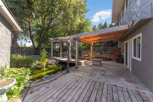 Expansive wood-finish deck with a built-in pergola, outdoor lighting fixture, and an integrated pond feature - 11208 163A Avenue Nw, Edmonton, AB 