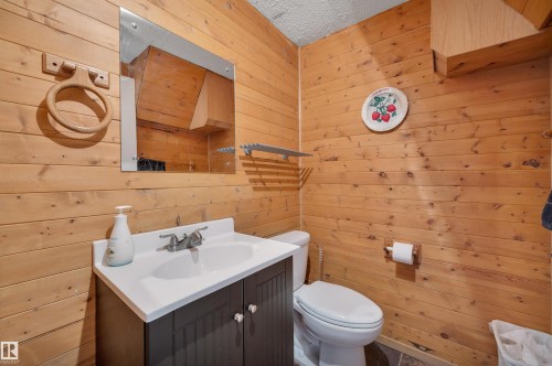 Wood-paneled walls featuring a vanity with an integrated sink and base cabinetry, a wall-mounted mirror, and a toilet - 8812 135A Avenue Nw, Edmonton, AB 