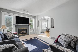 Living area featuring a fireplace with a dark mantel, track lighting, and an arched doorway - 