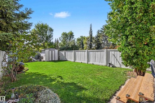 Expansive backyard featuring a manicured lawn, mature trees, and a storage shed - 8513 156 Avenue Nw, Edmonton, AB 