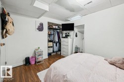 Wood-finish flooring with a white area rug - 