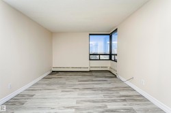 Light-toned walls, wood-finish flooring, and large windows with dark frames - 