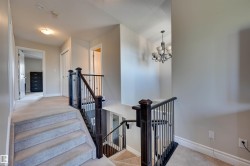 Staircase with dark wood newel posts and railings, featuring metal balusters and carpeted treads - 