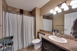 Bathroom with a dark wood-finish vanity, an oval undermount sink, and a speckled countertop - 