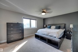 Carpeted flooring, a window with white trim, a ceiling fan with integrated lighting, and a dark accent wall - 