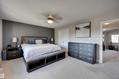 Recessed lighting, ceiling fan, carpet flooring, and a solid core door - 2203 Warry Loop Sw, Edmonton, AB 