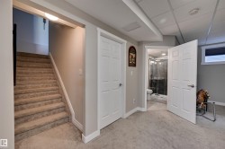 Finished lower level with neutral carpet flooring and painted walls - 