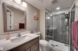 Glass-enclosed shower with dark tile surround, single vanity with integrated sink, wood-finish cabinetry, and framed mirror - 