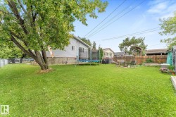 Expansive backyard featuring a mature tree, a manicured lawn, and perimeter fencing - 