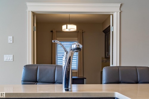 Chrome kitchen faucet with pull-down sprayer, light-toned countertop, and crown molding trim - 233 Hawks Ridge Boulevard Nw, Edmonton, AB 